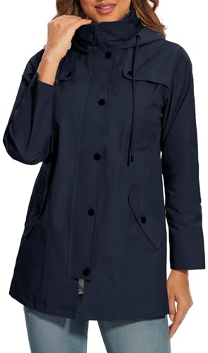 UMIPUBO Imperméables Vestes pour Femme Longue Manteau à Capuche Imperméable Coupe-Vent Zip Poncho d'Extérieur Coupe Vent Veste de Pluie Printemps Automne (Bleu Marine, XL)