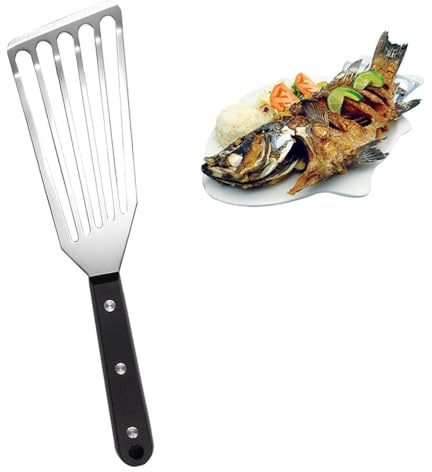 Fish Spatula Stainless Steel Fish Turner Stainless Steel Slotted Turner Professional Fish Spatula for Cooking Fish Egg Meat Dumpling Frying (1, Black)