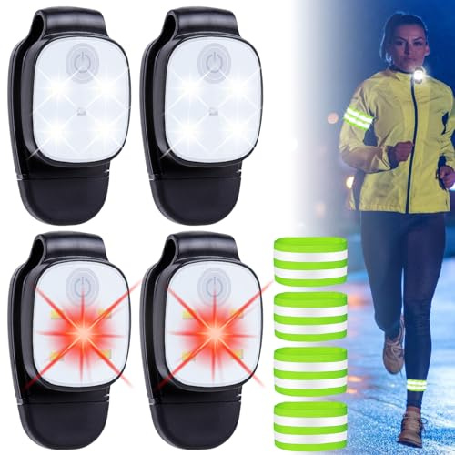 4 Stück LED Clip Lampe, Lauflicht Nacht Mit 2 Paar Reflective Armbänder, USB Wiederaufladbar 4 Beleuchtungsmodi, Wasserdicht Sicherheitslicht für Laufen Camping Wandern Klettern