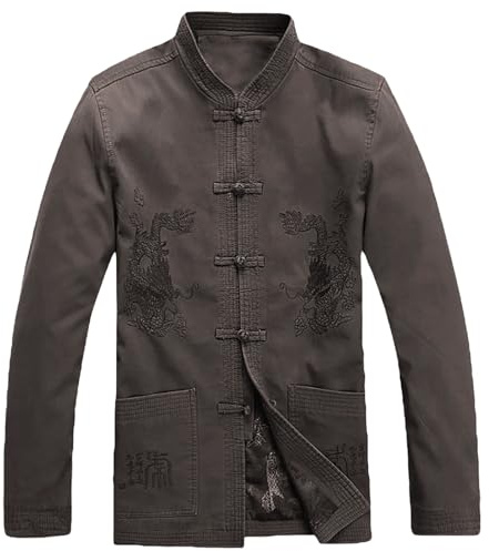 Rubruan Veste d'arts martiaux Kung Fu - Veste traditionnelle chinoise Tangzhuang pour homme Costumes Tai Chi Wing Chun Manches Longues Vêtements Uniforme Col montant Broderie Dragon, gris, M