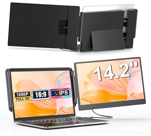14.2 Laptop Screen Extender, Dual Laptop Monitor Extender, 1080P FHD Portable Monitor Built-in Speaker & Back-Stand Fit for Laptops 13-16.5, Plug & Play Suit for Win Mac Android