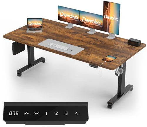 Devoko Höhenverstellbarer Schreibtisch mit 2 Motoren，25mm Einteilige Tischplatte, 200x80 cm Mobiler Elektrisch Computertisch mit Kabel Management, Vintagebraun - Perfekte Ergonomie für Dein Büro