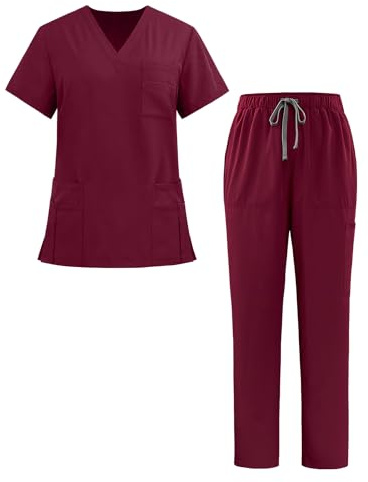 Ausing Abbigliamento Professionale Uniforme di Cura Set Kassak Set di Cura Uniforme Medica Moderna con Top e Pantaloni Set Scrub Claret S