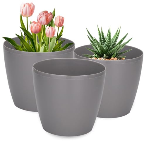 PECZEKO Blomkruka glänsande, set om 3 blomkrukor, 21/25/30 cm planteringskruka av ytterkruka plastkruka för, stora och små växter, set om 3 blomkrukor, örtkruka, grå