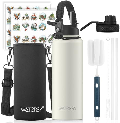 WATERSY Stainless Steel Vacuum Insulated Water Bottle 40oz, Drink Flask Metal Water Bottles 1200ml with 2 Lids Leakproof (Straw Lid and Spout Lid) Keep 48 Hours Cold Drinks for Sport, Work, Travel