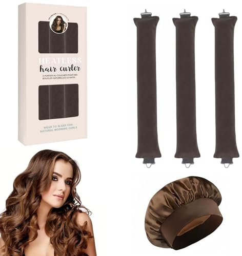 EUZUXU Bigodino Morbidi per Dormire 3 Pezzi Bigodini Capelli Ricci + Berretto di Seta, per Dormire Gomma Heatless Hair Curler DIY Arricciacapelli Senza-Marrone