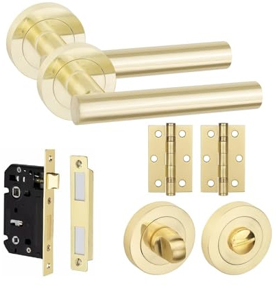Golden Grace Straight T-Bar Bathroom Door Handle Set, Bathroom Set | Complete with 3 inch ball bearing hinges, a matching thumbturn and a 64mm bathroom mortise lock on a rose base.