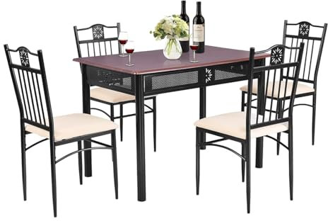 RELAX4LIFE Esstisch mit 4 Stühlen, Essgruppe 5-teilig, Esstisch-Set mit Gepolstertem Stuhl & Metallrahmen, Esszimmer-Set mit Küchentisch 4 Stühlen, Sitzgruppe für Esszimmer Wohnzimmer (Beige)