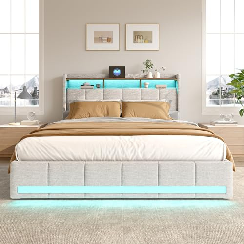 Bett mit Stauraum,Polsterbett Doppelbett 160 x 200 cm,Stauraumbett mit LED,gepolstertes Bett mit Bettkasten, Doppelbett mit LED und 4 Bettkasten, Kofferraum mit Kopfteil und Lattenrost,Funktionsbett