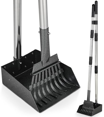 The Fellie Pooper Scooper, 2 Pack Stainless Steels Pet Poop Scoop Tray and Rake, Durable Long Handle Poop Scooper, Portable Pet Poop Shovel for Medium/Small Dogs, Use for Yard, Grass, Dirt or Gravel