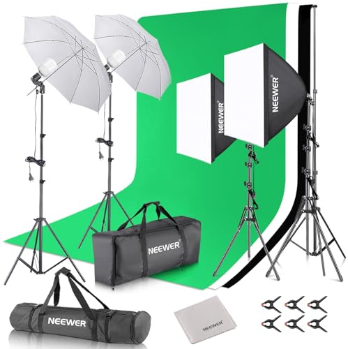 NEEWER Kit d'éclairage Continu pour Photographie avec Toiles de Fond, Supports de 2,6 x 3m, Ampoules LED 24W équivalentes à 800W (5700K), Parapluies, Softboxes, Chiffon de Nettoyage, Kit d'éclairage