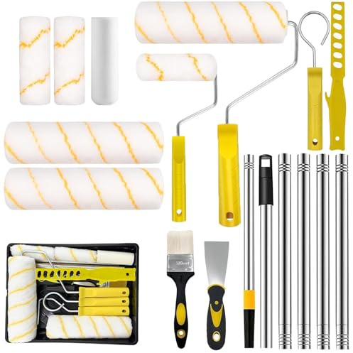 Paint Roller Set, 13 Pack Paint Rollers and Trays Sets, 9 inch Painting Roller Set with Extension Pole, Paint Tray, Paint Brush, Paint Stirrer for Painting Walls, Ceiling, Doors, Trim, Edges, Ceilings