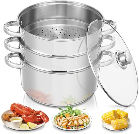 Olla a Vapor de Acero Inoxidable, Vaporera, Olla (3 en 1), Diámetro 26 cm, con Tapa de Cristal, Vaporera para Todo Tipo de Cocinas, Incluidas las de Lnducción, Plateado