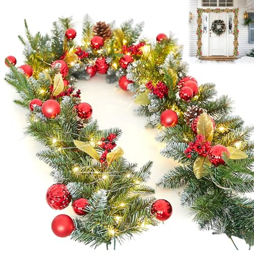 Guirnalda Navidad, Decoración Navidad 1.8 Metros de Largo Guirnalda de Abeto con Bolas Navideñas Piñas y Bayas Decoración Navideña Decoracion Escalera Navideña