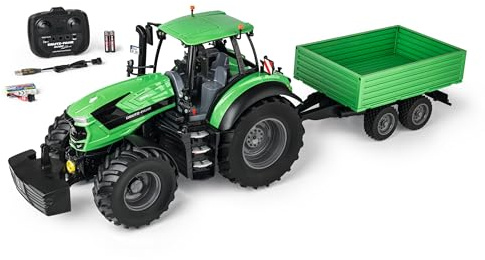 Carson 1:16 Trattore Deutz 8280 TTV con rimorchio 100% RTR - Veicolo telecomandato, veicolo da cantiere con funzioni luci e suoni, batterie e telecomando inclusi, verde, RC, Remote Controled Car