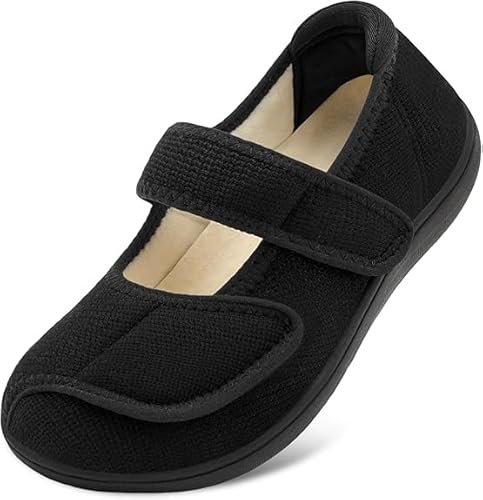 JIASUQI Womens Wide House Slippers Adjustable Diabetic Shoes Barefoot Walking shoes for Edema Swollen Arthritis Elderly Indoor Outdoor(Black 39,Size 6)