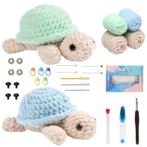 Häkelset für Anfänger,Tiere DIY 2 Stück Schildkröte Crochet Kit mit Video Anleitung, Häkel Garn & Zubehör für Erwachsene Kinder Geschenk Bastelset (Schildkröte)