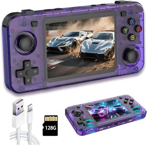 New R36H Retro Handheld Game Console, 3.5 IPS Screen Portable Video Game Console ,Built in 128G Card & 20000 Games,Open Source Linux System (Purple,128g)
