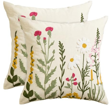 Artoid Mode Grün Wilde Blumen Frühling 45x45 cm 2er Set Kissenbezüge | Saisonnal Antike Kräuter Kettenstickerei Sommer Zierkissenbezug Couch Wohnzimmer Deko
