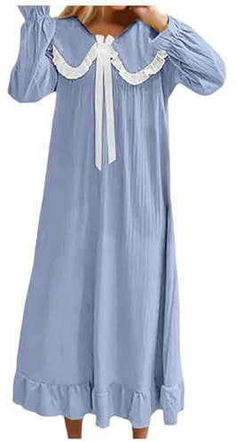 Chemise de Nuit longue Victorienne en coton, Robe de Nuit vintage Manches longues Col en V avec Bordure en Dentelle, Pyjama Femme Automne Et Hiver Respirant Vêtement d'Intérieur Confortable Souple