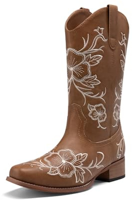 DREAM PAIRS Women's Western Cowboy Boots Square Toe Embroidered Mid Calf Boots Western Chunky Low Heel for Country Music Festivals Theme Party and Concert,Size 7.5,Tan,SDMB26001W
