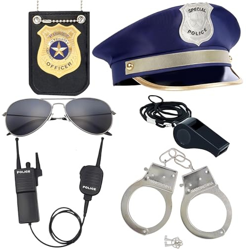 Polizei Zubehör Set, 6 Stück Polizei Kostüm Erwachsene Polizistenkostüm Zubehör, Polizist Handschellen Sonnenbrille Abzeichen, Passend für Halloween Karneval Detective Dress Up Party, Rollenspiele