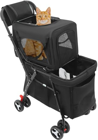 2 våningar hopfällbar husdjurvagn, hundvagn och kattvagn, robust husdjursvagn med ventilationsfönster och bärväska, lätt att manövrera för resor, park, shopping (svart)