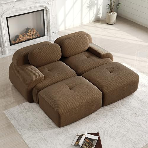 Bladez Sofá Cama Moderno de Pana Modular con Taburete Otomano, Sin Montaje, Sofá Tapizado Cloud con Función de Cama, para Salón (Marrón, 2 Plazas+2)