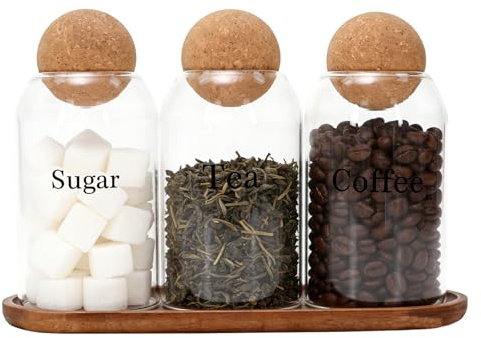 Xbopetda Tea Coffee Sugar Canisters, 750ml/26.5oz Glass Jars with Ball Cork, Tea Coffee and Sugar Canisters Set with Wooden Tray, Food Storage Container for Kitchen Pantry Organizers and Storage