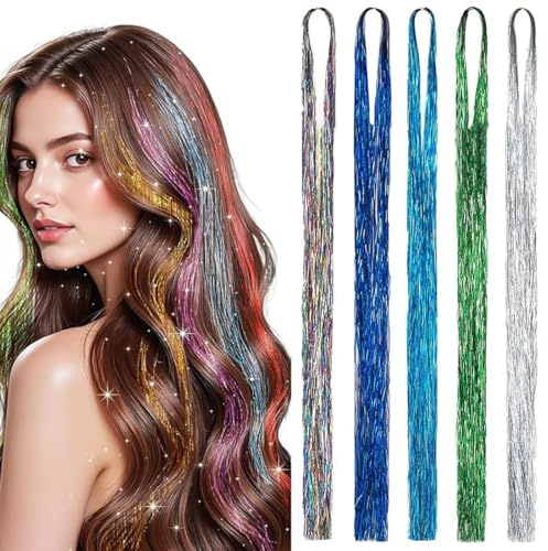 VONJUMA 1000 Pcs Glitzer Haarsträhnen Hair Tinsel Haar Lametta Glitzer Haarsträhnen Kit Glitzersträhnen Für Haare Festival Party Haar Glitzer Tinsel Hair Fairy Hair Für Mädchen 5 Farbe 120Cm