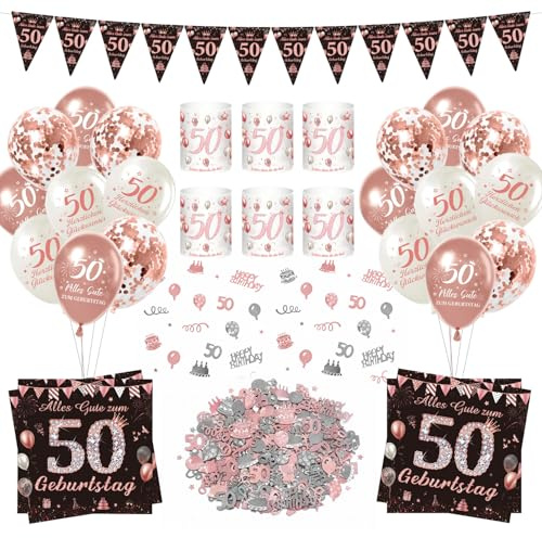 Afritee 50 Geburtstag Deko Frau, 55 Stück Roségold Luftballon Servietten Windlicht Konfetti Tischdeko, 50. Geburtstagsparty Ballon Dekoration Für Frauen
