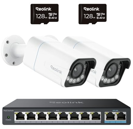 Reolink 4K Smarte PoE IP Kamera Outdoor mit Smarter Erkennung, 5X optischer Zoom Überwachungskamera Aussen, Spotlight, Farbige Nachtsicht, RLC-811A*2 mit 128GB microSD Karten und Switch