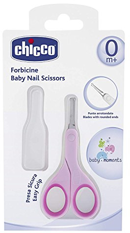 Chicco nagelsax för spädbarn och barn, sax i rostfritt stål med böjda blad och rundade spetsar, skyddskåpa, halkskydd gummigrepp - Babytillbehör 0+ månader