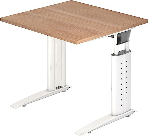 bümö höhenverstellbarer Schreibtisch U-Serie 80x80 Nussbaum, Gestell in weiß - PC Tisch klein für's Büro manuell höhenverstellbar, Computertisch verstellbar