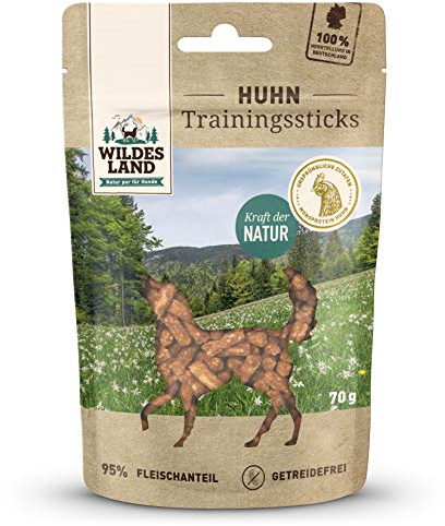 WILDES LAND – Trainingssticks Huhn | Hundesnack mit natürlichen Zutaten und extra hohem Fleischanteil für ausgewachsene Hunde. Getreidefreier Trainingssnack ohne Zusatzstoffe im Beutel | 8x70g Huhn