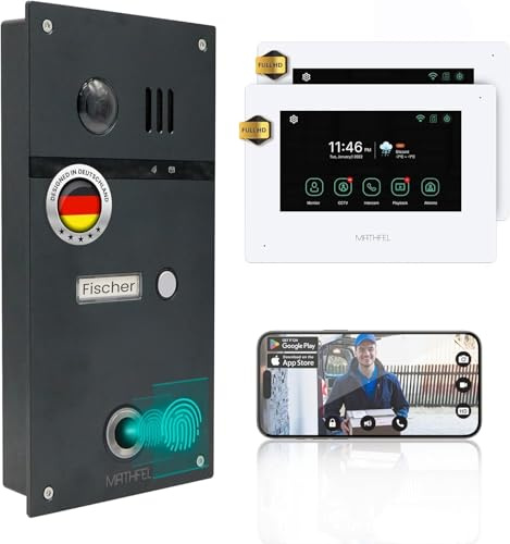 MATHFEL 4 Draht Video Fingerprint Türsprechanlage Gegensprechanlage Fischaugenkamera 170 Grad Außenstation, Größe: 2x7'' Monitor in weiß mit WLAN