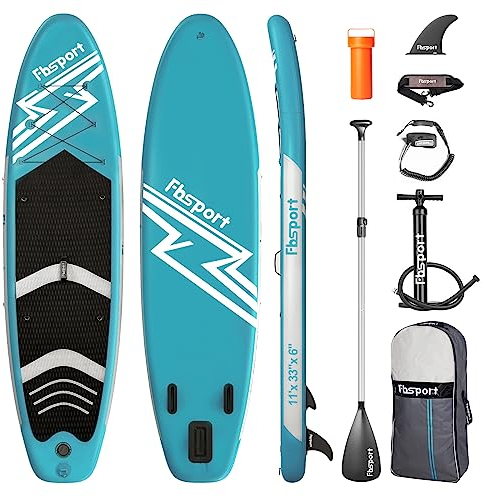 FBSPORT 11' Premium Stand Up Paddle Board, Yoga Board with SUP Accessories & Carry Bag | Wide Stance, Surf Control, Non-Slip Deck, Leash, Paddle and Pump for Youth & Adult (Lake Blue)