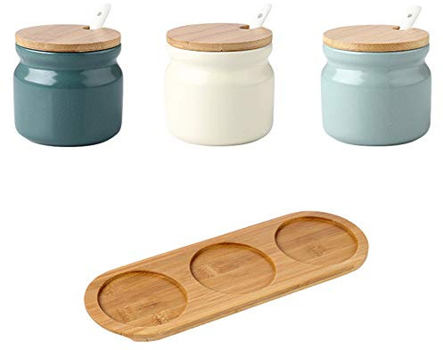 OnePine Lot de 3 Céramique Sucrier Bol à Sucre Pot à épices Sel Spice Jar Condiments boîte avec Cuillère et Couverture de Bambou (Lot de 3)
