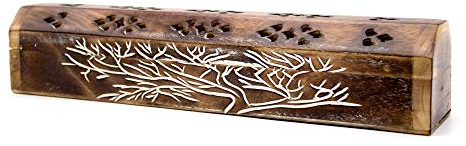 Luxflair Räucherstäbchen Box aus Sheesham-Holz, handgefertigt, mit Schnitzerei Baum, zum Abbrennen von Räucherstäbchen und Räucherkegel/Räucherkerzen, Räucherbox und Rauchverteiler