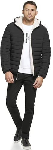 Calvin Klein Men's Mid-Weight Sherpa Lined Puffer Jacket, Sherpa Lined, Ebony, X-Large