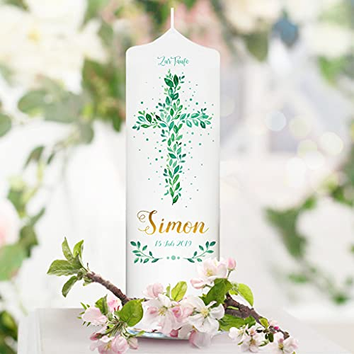 Wandtattoo Loft Taufkerze Junge oder Mädchen mit Taufspruch + Patenkerze, Motiv Heiliges Kreuz aus grünen Blättern, 25cm x 7cm