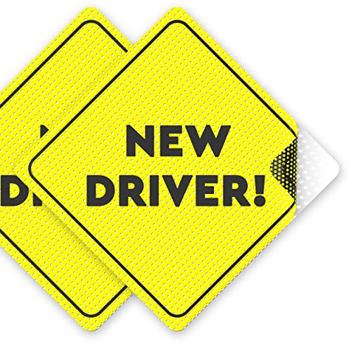 ASSURED SIGNS New Driver Sticker for Car Window, 2 Pack, 5 x 5 | Encourage Patient Driving, High Visibility Yellow for New Drivers, Easy Exterior Application, Tinted Window Compatible