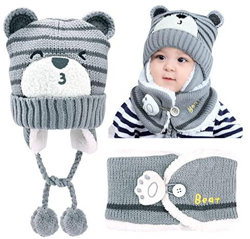 GLAITC Baby Mütze Winter 46-50cm Schlupfmütze Kinder mit Schal Fleecefutter Kindermütze Set Babymütze Winter Strickmütze Baby Ohrenklappe Beanie Mütze Kinder-strickmütze, für 6-24 Monate Unisex Baby