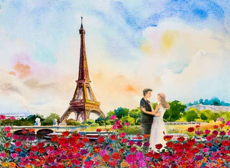 adrium Acryl-Bild 70 x 50 cm: Landschaft der europäischen Stadt Paris. Frankreich, Eiffelturm und Paar lieben Mann, Frau, im Garten der roten Rosen, moderne(167761821)