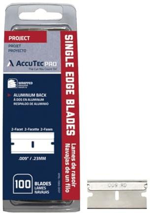 AccuTec Pro Single Edge Aluminum Backed Razor Utility Blades with Display - 100-Pack - .009 Made of High Carbon Steel for Edge Flexibility and Durability - APBL-7065