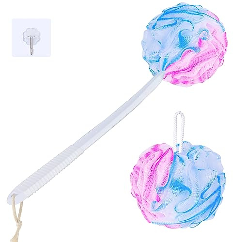 VANZAVANZU Badeschwamm Duschschwamm Satz Peeling Schwamm, Badeschwamm Rückenbürste mit 42cm Kunststoff Anti-Rutsch Handhaben, Flauschige Duschschwamm-Weiß mit Blauem & Rosa Rand