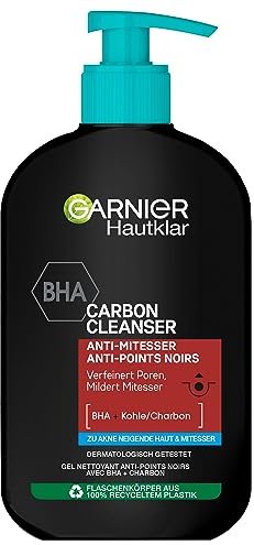 Garnier Hautklar Waschgel, BHA Carbon Cleanser mit Kohle, Anti-Mitesser & Anti-Pickel Waschgel und Gesichtsreiniger, 250 ml