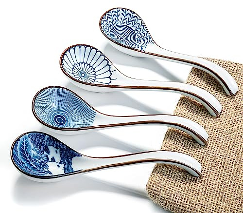DAHO GOMSU Asian Ceramic Soup Spoon, with Long Handle Easy to Hold, Non-slip Bottom, for Japanese Ramen, Chinese and Vietnamese Wonton, Noodle Soup Spoons (V86)