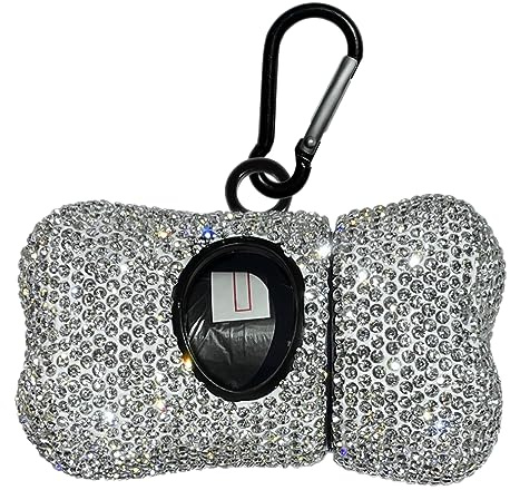 Dispenser per sacchetti per escrementi di cani in cristallo Bling per cani con moschettone in metallo (bianco)
