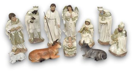Generico Set Natività 11 Soggetti in Ceramica BIANCA Colori Chiari ORO PLATINO da h. 30 cm Idea Regalo Personaggi Presepe Statuine Sacra Famiglia